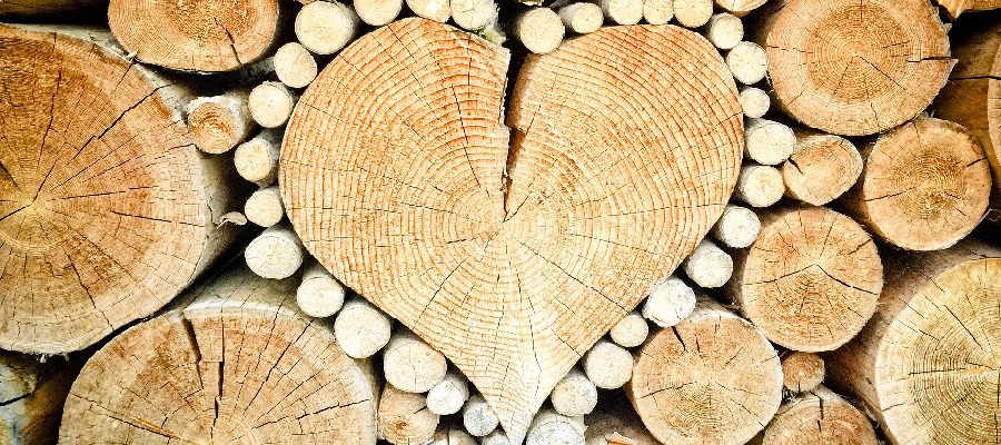 Herz-Holzstamm in einem Holzstapel