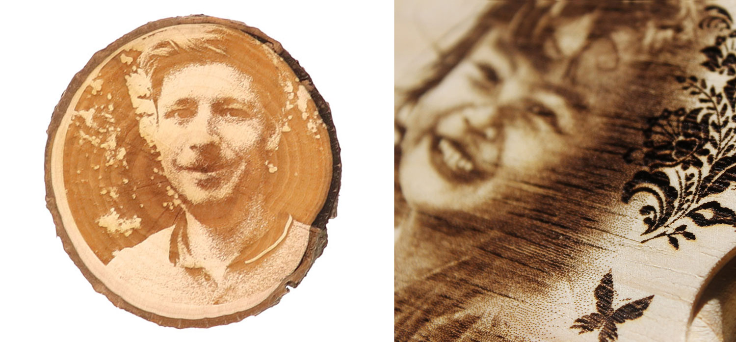 Runde Holzscheibe und Holzbrett mit Gesicht vom Foto als Lasergravur