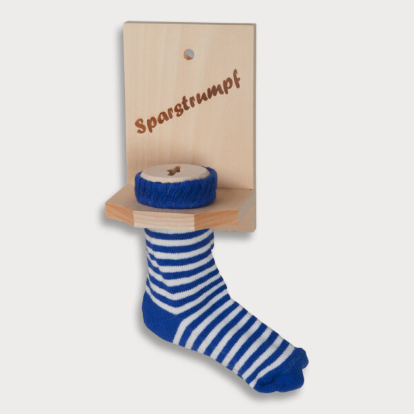 Sparstrumpf blaue Socke Einbrand "Sparstrumpf" Buchenholz