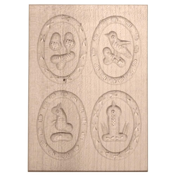 Anisgebäckform, gehämmert, oval, 4 Bilder aus Holz 14 cm