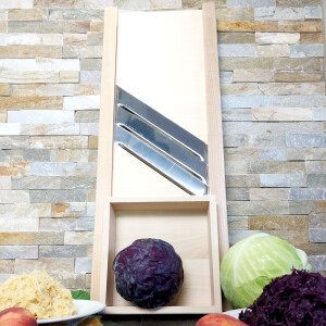 HOFMEISTER® Profi-Krauthobel 80 cm mit 3 Edelstahl-Messer-Klingen und Schublade, Gemüsehobel aus Holz, Krautraspler für Sauerkraut