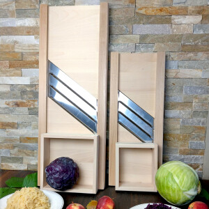 HOFMEISTER® Profi-Krauthobel 80 cm mit 3 Edelstahl-Messer-Klingen und Schublade, Gemüsehobel aus Holz, Krautraspler für Sauerkraut
