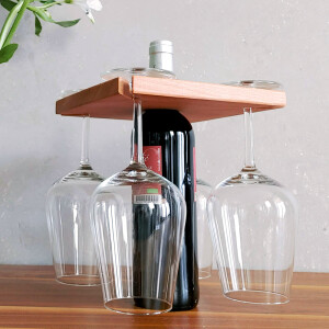 Weinglashalter auf Weinflasche für 4 Gläser aus geöltem Buchenholz