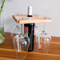 HOFMEISTER® Weinglashalter aus Holz mit Flaschen-Halterung für 4 Gläser und eine Weinflasche, Flaschenhalter aus geöltem Buchenholz, Weinbutler, Weinständer. 20x20 cm